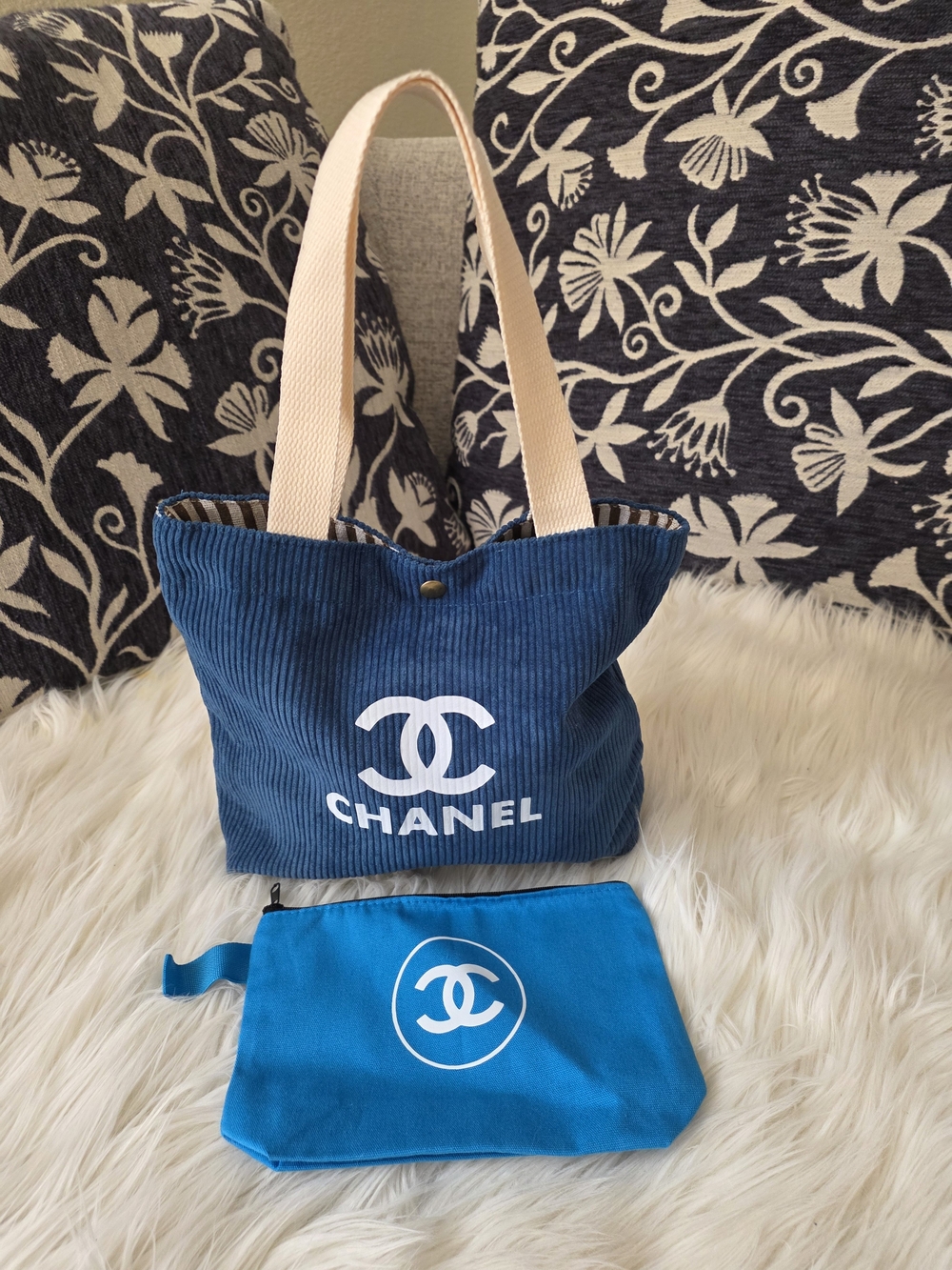 Blue Corduroy Mini Tote And Matching Blue Pouch